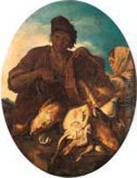 A Fisherman With A Basket Of 
Fish And A Peasant Girl; And A Peasantwith A Dead Hare And Game Birds Oil Painting by Giacomo Francesco Cipper