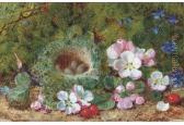 Apple Blossom, Berries And A 
Bird's Nest With Eggs On A Mossy Bank;and Grapes, Raspberries And 
Greengages On A Mossy Bank Oil Painting by George Clare