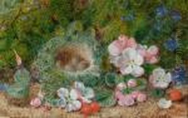 Still Life Of A Bird````s Nest, 
Flowers And Berries On A Mossy Bank; Still Life Of Fruit On A Mossy Bank Oil Painting by George Clare