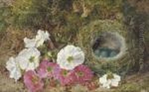 Pink And White Pansies And A 
Bird's Nest With Eggs On A Mossy Bank;and Plums, Raspberries And Crab 
Apples On A Mossy Bank Oil Painting by George Clare