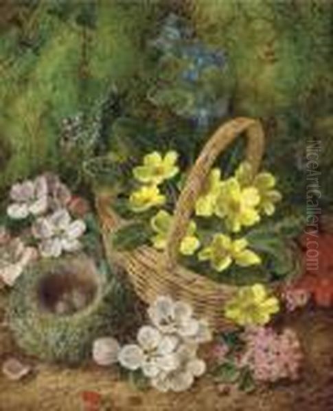 Primroses, Primulas, Apple 
Blossom With A Bird's Nest And Eggs And A Wicker Basket, On A Mossy Bank Oil Painting by George Clare