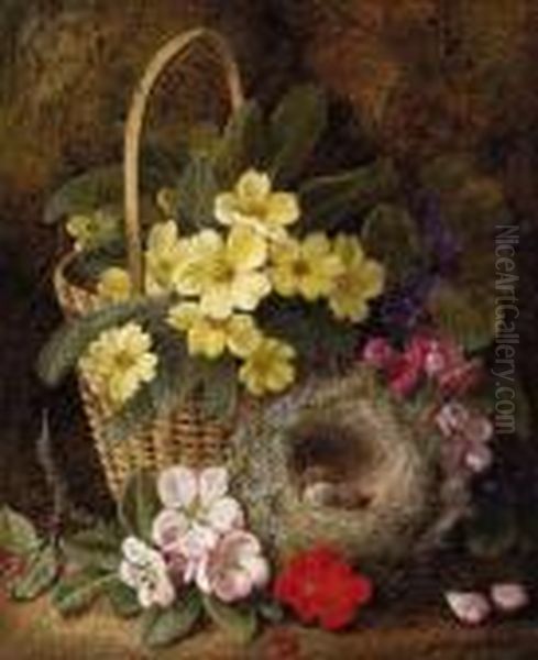 Still Life With Primroses, Violas, Cherry Blossom And Geraniums Anda Thrush's Nest Oil Painting by George Clare
