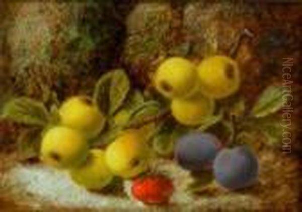 Plums
And A Strawberry On A Mossy Bank Oil Painting by Oliver Clare