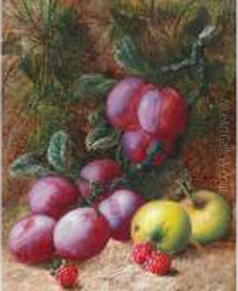 Plums, Apples And Raspberries On A Mossy Bank Oil Painting by Oliver Clare