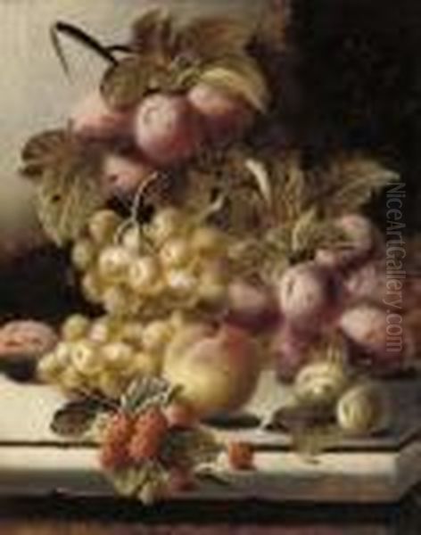 Plums, Grapes, A Peach And 
Raspberries On A Stone Ledge; And Grapes, Greengages, Strawberry, Pear 
And Gooseberries On A Stone Ledge Oil Painting by Oliver Clare