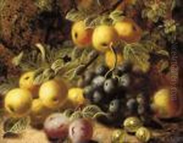 Plums, Grapes And Gooseberries 
On A Mossy Bank; And Flowers And A Bird's Nest On A Mossy Bank Oil Painting by Oliver Clare