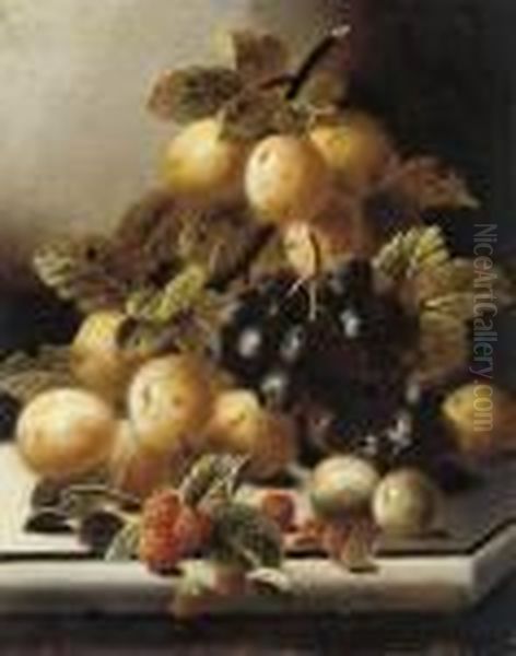 Greengages, Grapes And 
Raspberries On A Stone Ledge; And Plums, Gooseberries And A Peach On A 
Stone Ledge Oil Painting by Oliver Clare