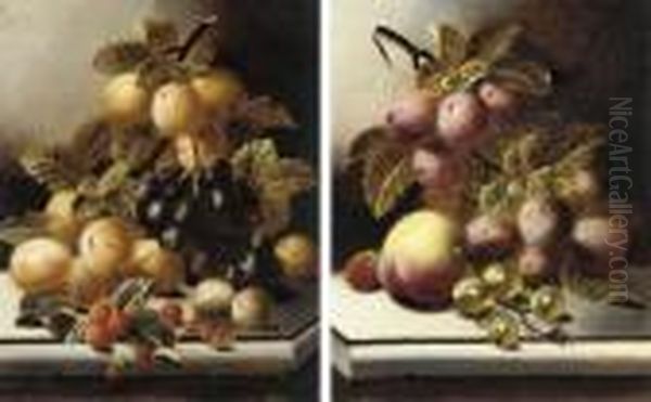 Greengages, Grapes And 
Rasperries On A Stone Ledge; And Plums,gooseberries And A Peach On A 
Stone Ledge Oil Painting by Oliver Clare