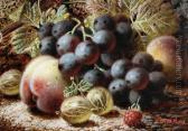 Grapes, Plums And Strawberries 
On A Mossybank; Grapes, Peaches, Gooseberries And A Raspberry On A 
Mossybank Oil Painting by Oliver Clare