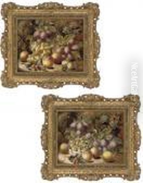 Plums, Gooseberries, Apples, 
Raspberries And Pear On A Mossy Bank; And Grapes, Plums, Apples And 
Greengages On A Mossy Bank Oil Painting by Oliver Clare