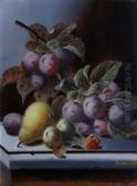 Black Grapes, Plums, Peaches, 
Gooseberries And Raspberries On A Ledge; Plums, Greengages, A Pear And A
 Strawberry On A Ledge Oil Painting by Oliver Clare