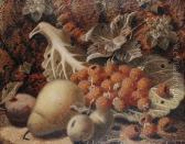 Raspberries, Pears And Plums On A
 Mossy Bank; Grapes, Strawberries, Apples And Gooseberries On A Mossy 
Bank Oil Painting by Oliver Clare