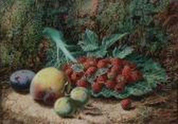 Raspberries On A Cabbage Leaf, 
Greengages, A Plum And A Peach Against A Mossy Bank; Black Grapes, 
Apples, Gooseberries And Strawberries Against A Mossy Bank Both 'oliver
 Clare' Oil Painting by Oliver Clare
