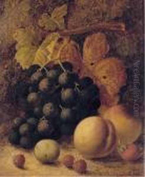 Grapes, Peaches, Raspberries, A Greengage And A Strawberry, On A Mossy Bank Oil Painting by Oliver Clare