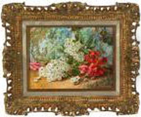 Red And White Blossoms On A Mossy Bank Oil Painting by Vincent Clare