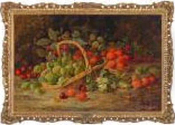 Gooseberries, Strawberries, 
Raspberries, Cherries And Grapes Inbaskets On A Mossy Bank With Ivy Oil Painting by Vincent Clare