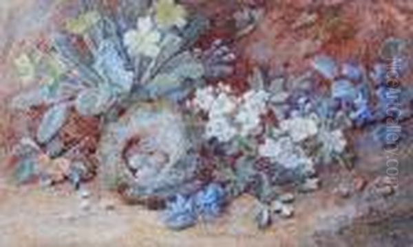 Plums, Peaches And Green Grapes 
In A Punnetagainst A Bank; Primroses, A Bird's Nest And Other Spring 
Flowersagainst A Bank Oil Painting by Vincent Clare