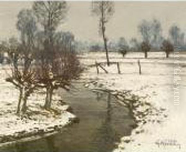 Von Kopfweiden Flankierter 
Schmaler Flusslauf, Zwischenschneebedeckten Ackern Maandrierend Oil Painting by Maximilian Clarenbach