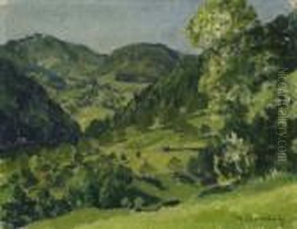 In Early Summer. View From A 
Knoll Onto The Foresty Rolling Hills. Signed Bottom Right: M. Clarenbach Oil Painting by Maximilian Clarenbach