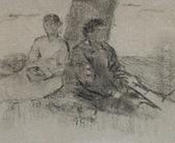 Two Figures By A Tree
 Signed With Initials 'gc' (lower Centre),
 Charcoal Oil Painting by George Clausen
