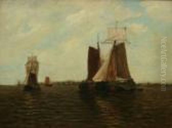 Ships In A Dutch Harbor Oil Painting by Paul-Jean Clays