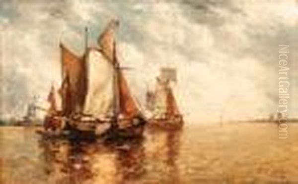 Fishing Boats In A Lagoon Oil Painting by Paul-Jean Clays