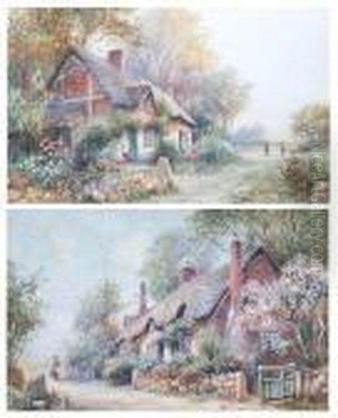 A Thatched Cottage With Figures 
On A Pathway, And Another Of A Young Girl By A Cottage, A Pair Oil Painting by Joseph Hughes Clayton