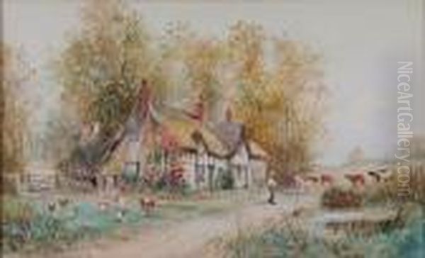 Old Lancashire Cottage; Figures,
 Sheep Andcattle Before A Cottage, Signed, A Pair Of Watercolours Oil Painting by Joseph Hughes Clayton