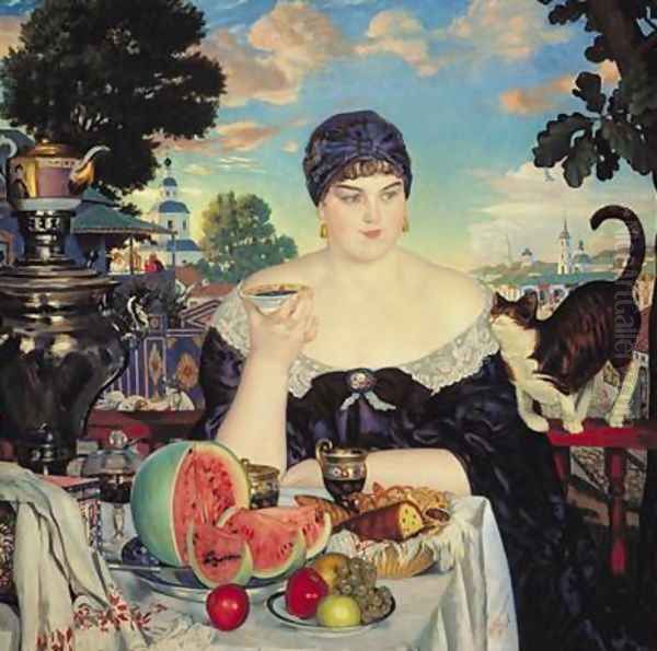 The Merchants Wife at Tea Oil Painting by Boris Kustodiev