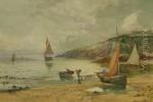 Fisherman And Boats In A 
Tranquil Coastal Bay, Possibly Porthpatrick Bay, Anglesey, Signed Lower 
Left Oil Painting by Joseph Hughes Clayton