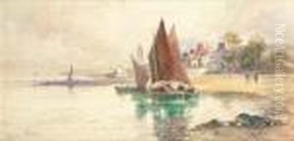 Fishing Boats Off The Coast; And Beached Fishing Vessels Oil Painting by Joseph Hughes Clayton