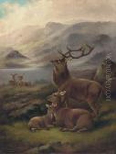 A Stag With Hinds By A Loch Oil Painting by Robert Cleminson