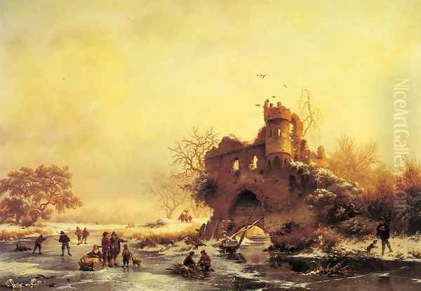 Winter Landscape with Skaters on a Frozen River beside Castle Ruins Oil Painting by Frederik Marianus Kruseman