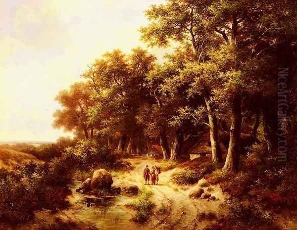 Woodland Travellers Oil Painting by Hendrik Pieter Koekkoek