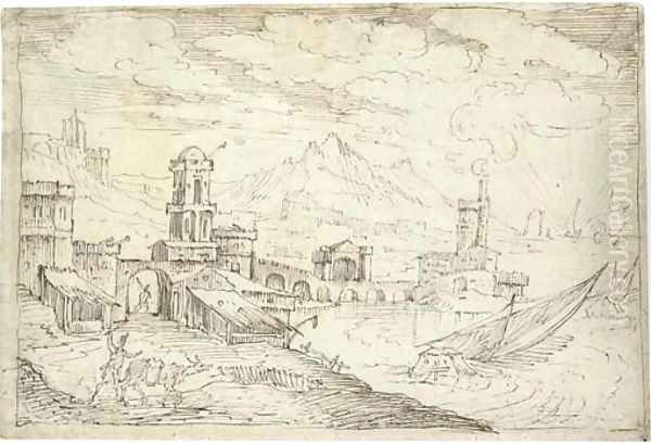 A coastal town with ships setting sail Oil Painting by Kerstiaen De Keuninck The Elder