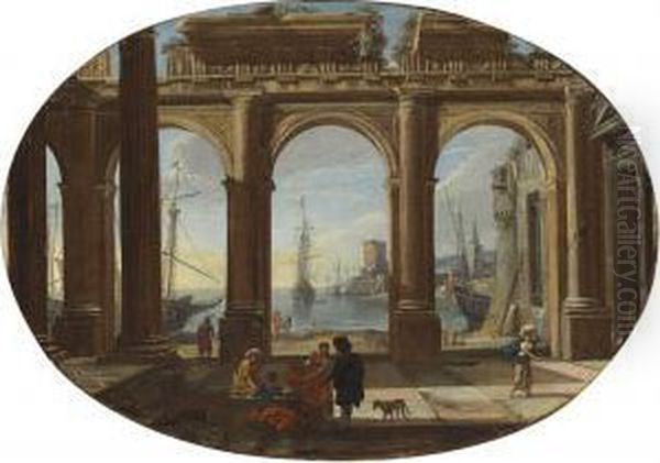 A Capriccio With Figures Beneath
 A Doric Colonnade, A Bay And Thetorre Di San Vincenzo, Naples Beyond Oil Painting by Viviano Codazzi