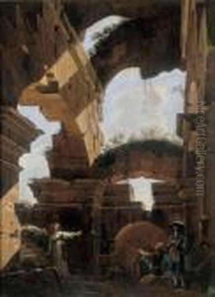 A) Rovine Romane Con Figure B) Veduta Di Un Portico Con La Bottega Di Un Maniscalco Oil Painting by Viviano Codazzi