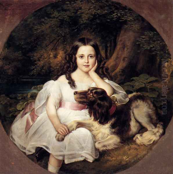 A Young Girl Resting In A Landscape With Her Dog Oil Painting by Friedrich August von Kaulbach