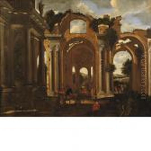 Capriccio Architettonico Con La 
Basilica Di Costantino, Viandantialla Fonte E Altre Figure Oil Painting by Viviano Codazzi