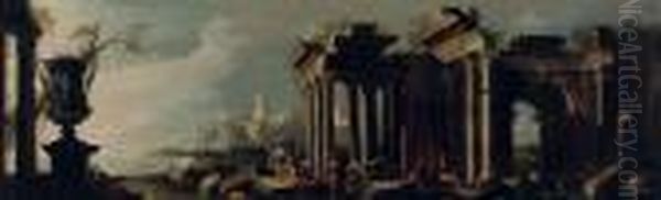 A 'capriccio' View Of An 
Italianate Coast With Figures Conversing Among Ancient Ruins, A Harbour 
Town Beyond Oil Painting by Viviano Codazzi