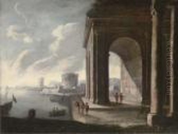 A Mediterranean Coastal Harbour With Figures By A Classicalarch Oil Painting by Viviano Codazzi