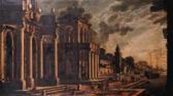 Capricci Of Mediterranean 
Harbours With Merchants And Travellers Onquays By Palatial Mansions, 
Threemasters Setting Out Beyond Oil Painting by Viviano Codazzi