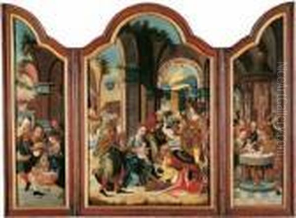 Triptychon. Mittelbild: Die
Anbetung Der Konige. Linker Flugel: Die Anbetung
 Der Hirten. Rechter Flugel: Die Beschneidung Christi. Oil Painting by Pieter Coecke Van Aelst