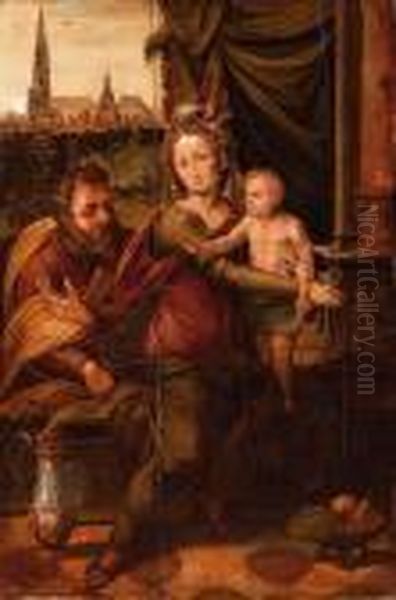 Sacra Famiglia Con La Veduta Della Cattedrale
Della Madonna
Di Anversa (1518-33 C.a) Oil Painting by Pieter Coecke Van Aelst