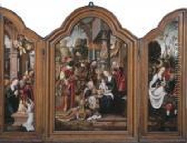 A Triptych: Central Panel: The 
Adoration Of The Magi; Left Wing:the Nativity; Right Wing: The Flight 
Into Egypt Oil Painting by Pieter Coecke Van Aelst
