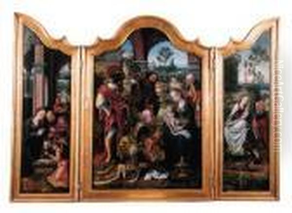 A Triptych: The Adoration Of The
 Magi In The Central Compartment,the Nativity And The Flight Into Egypt 
On The Wings Oil Painting by Pieter Coecke Van Aelst