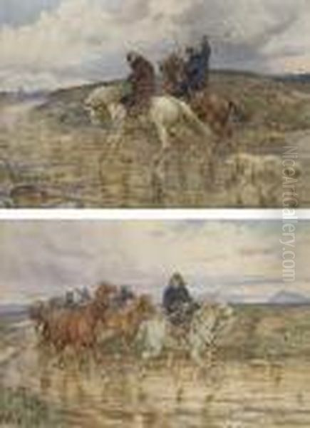 Deux Cavaliers A Cheval Avec Un 
Chien; Et Deux Cavaliers Convoyantdes Chevaux Dans La Campagne Oil Painting by Enrico Coleman