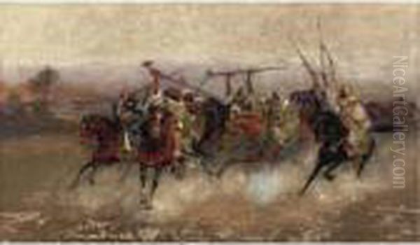 Arab Horsemen In Gallop Oil Painting by Enrico Coleman
