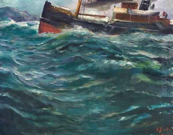Ship in Stormy Weather (Skip i stormv&aelig;r) Oil Painting by Christian Krohg