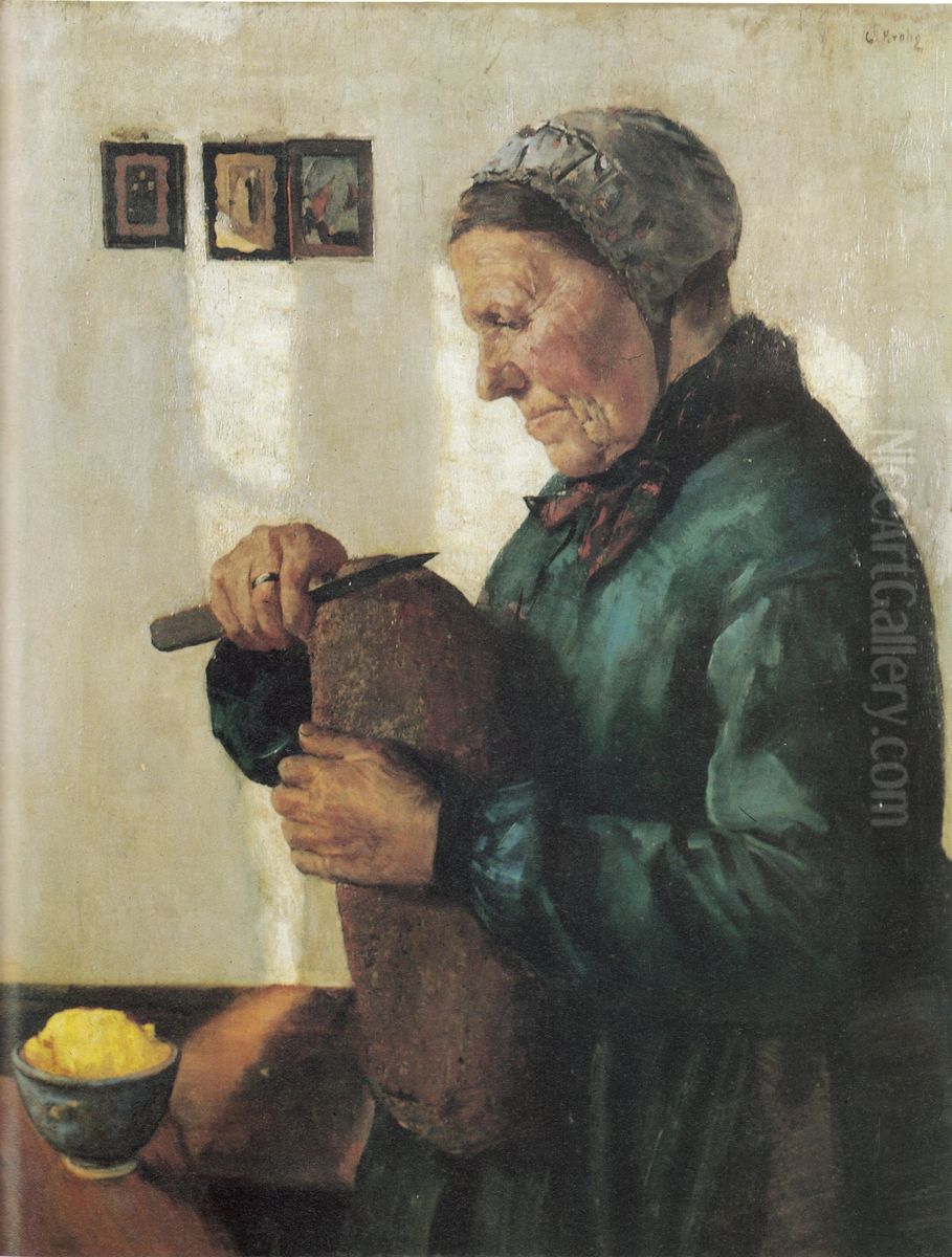 Woman cutting bread Oil Painting by Christian Krohg
